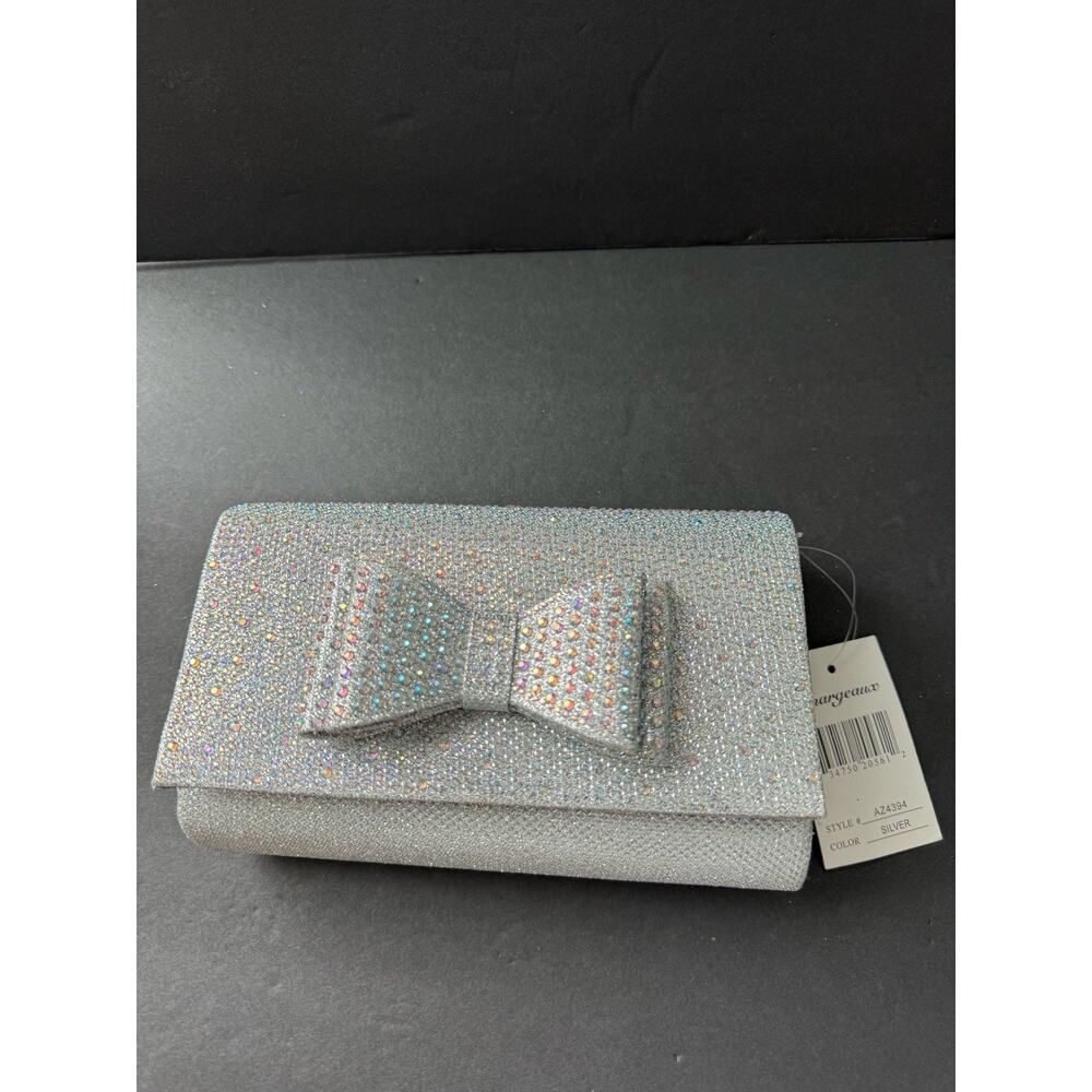 D'Margeaux Rhinestone Bow Evening Bag Clutch Shoulder Chain Silver Formal New